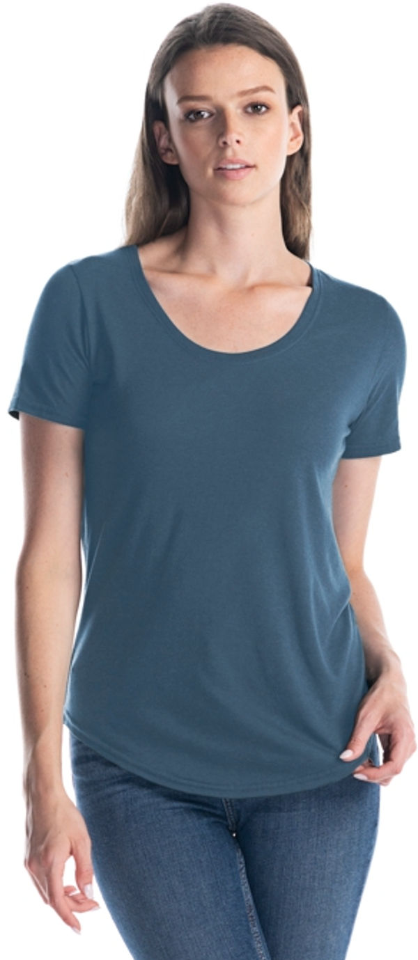 Am image of a Custom Jerico Ladies Bamboo Relaxed Fit Scoop Bottom T Shirt in Slate Blue!