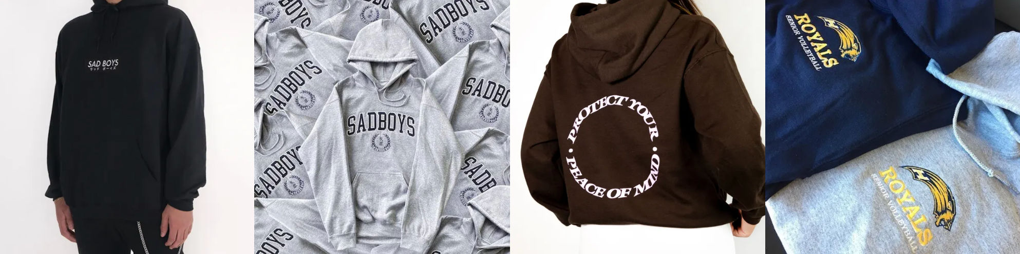 An image of custom hoodies we have printed in the past.