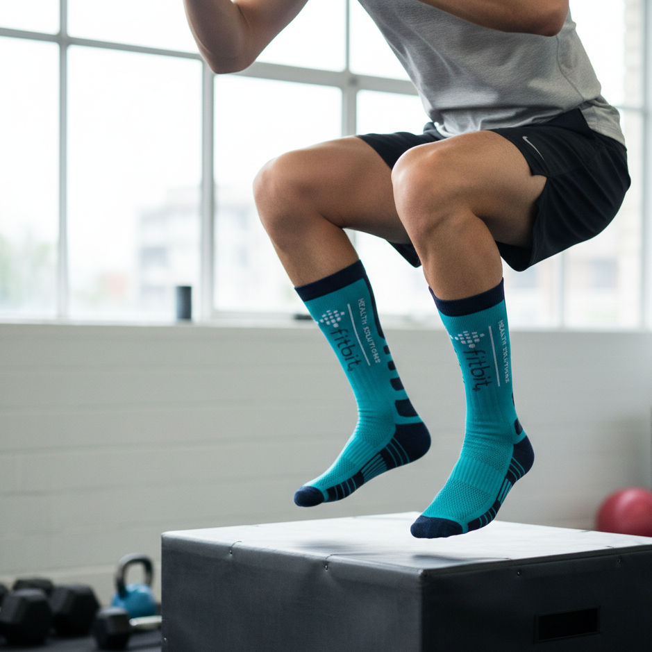 Custom sublimated socks featuring a vibrant all-over print design, showcasing detailed artwork that wraps seamlessly around the entire sock surface.