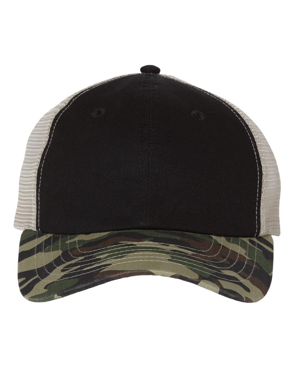 Sportsman Contrast Stitch Mesh Back Cap in Black/Camo/Stone
