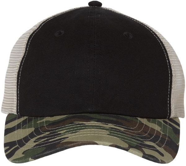 Am image of a Custom Sportsman Contrast Stitch Mesh Back Cap in Black/Camo/Stone!