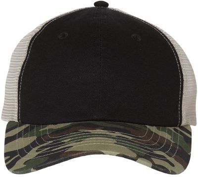 Am image of a Custom Sportsman Contrast Stitch Mesh Back Cap in Black/Camo/Stone!