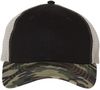 Am image of a Custom Sportsman Contrast Stitch Mesh Back Cap in Black/Camo/Stone!