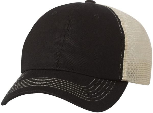 Am image of a Custom Sportsman Contrast Stitch Mesh Back Cap in Black/Stone!
