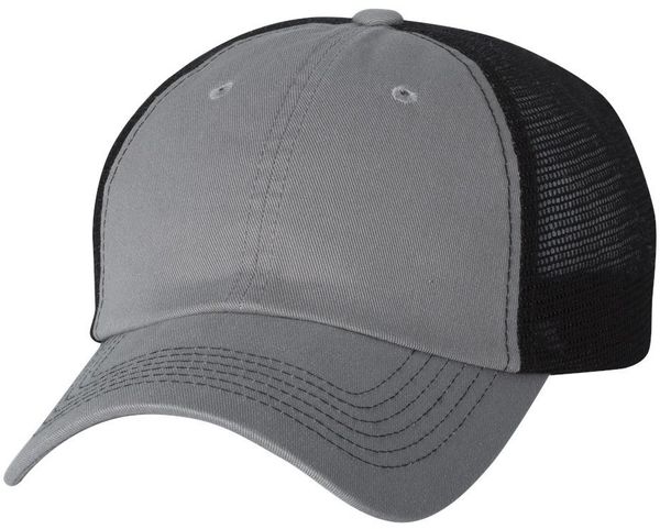 Am image of a Custom Sportsman Contrast Stitch Mesh Back Cap in Grey/Black!
