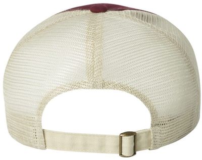 Am image of a Custom Sportsman Contrast Stitch Mesh Back Cap in Maroon/Stone!
