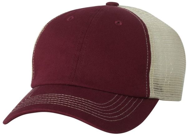 Am image of a Custom Sportsman Contrast Stitch Mesh Back Cap in Maroon/Stone!