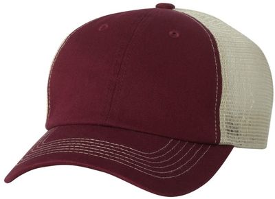 Am image of a Custom Sportsman Contrast Stitch Mesh Back Cap in Maroon/Stone!