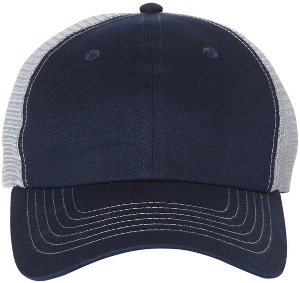 Am image of a Custom Sportsman Contrast Stitch Mesh Back Cap in Navy/Grey!
