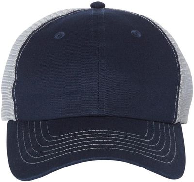 Am image of a Custom Sportsman Contrast Stitch Mesh Back Cap in Navy/Grey!