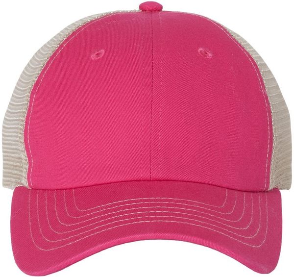 Am image of a Custom Sportsman Contrast Stitch Mesh Back Cap in Pink Stone!