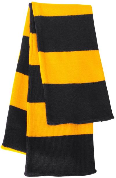 Am image of a Custom Rugby Striped Knit Scarf in Black/Gold!