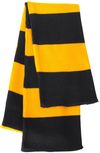 Am image of a Custom Rugby Striped Knit Scarf in Black/Gold!