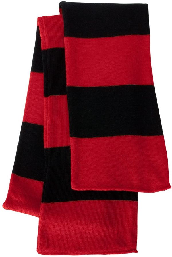 Am image of a Custom Rugby Striped Knit Scarf in Red/ Black!
