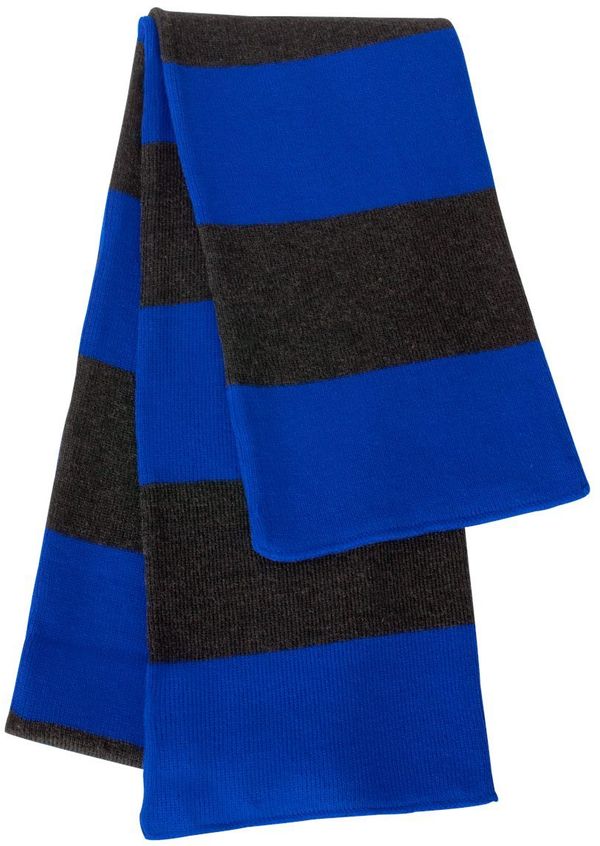 Am image of a Custom Rugby Striped Knit Scarf in Royal/ Charcoal!
