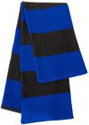 Am image of a Custom Rugby Striped Knit Scarf in Royal/ Charcoal!