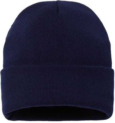 Am image of a Custom Sportsman Sherpa Lined 12in Cuffed Beanie in Navy!
