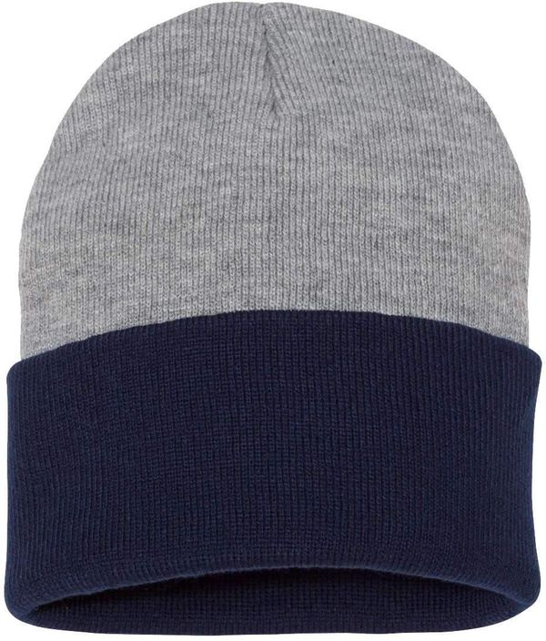 Am image of a Custom Sportsman 12 Inch Knit Beanie in Heather/Navy!