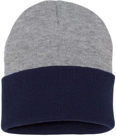 Am image of a Custom Sportsman 12 Inch Knit Beanie in Heather/Navy!