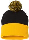 Am image of a Custom Sportsman Pom Pom 12inch Knit Beanie in Black/Gold!