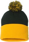 Am image of a Custom Sportsman Pom Pom 12inch Knit Beanie in Forest/Gold!