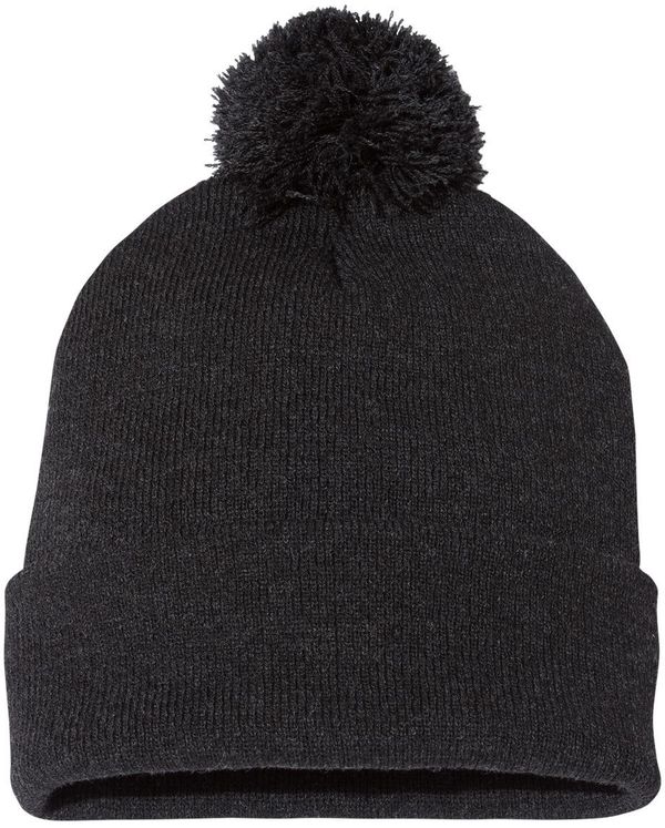 Am image of a Custom Sportsman Pom Pom 12inch Knit Beanie in Heather Charcoal!