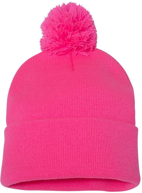 Am image of a Custom Sportsman Pom Pom 12inch Knit Beanie in Neon Pink!