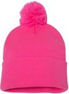 Am image of a Custom Sportsman Pom Pom 12inch Knit Beanie in Neon Pink!