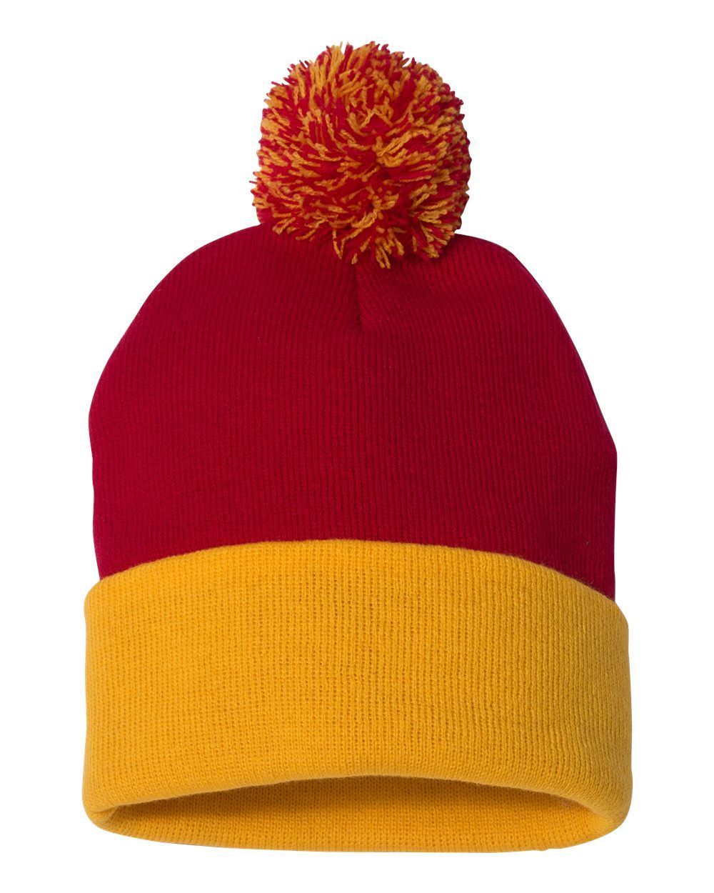 Sportsman Pom Pom 12inch Knit Beanie in Red/Gold