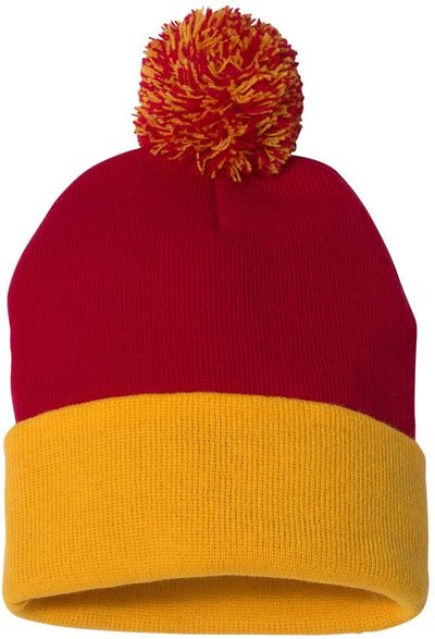 Am image of a Custom Sportsman Pom Pom 12inch Knit Beanie in Red/Gold!