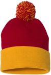 Am image of a Custom Sportsman Pom Pom 12inch Knit Beanie in Red/Gold!