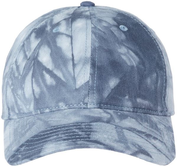 Am image of a Custom Sportsman TieDyed Dad Cap in Dark Blue!