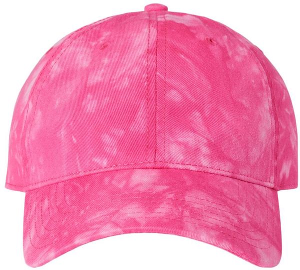 Am image of a Custom Sportsman TieDyed Dad Cap in Dark Pink!