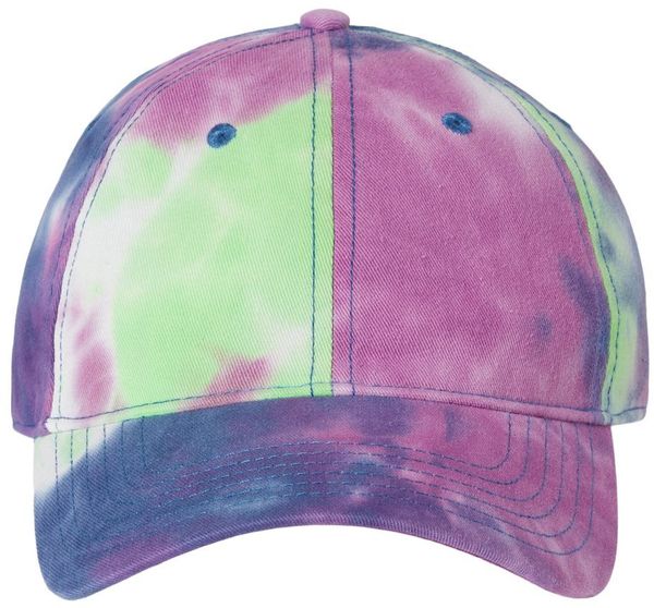 Am image of a Custom Sportsman TieDyed Dad Cap in Purple Passion!