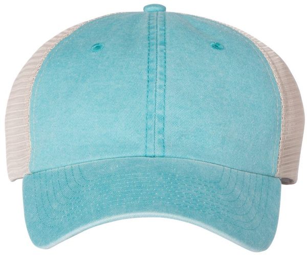 Am image of a Custom Sportsman Pigment Dyed Trucker Cap in Aqua/Stone!
