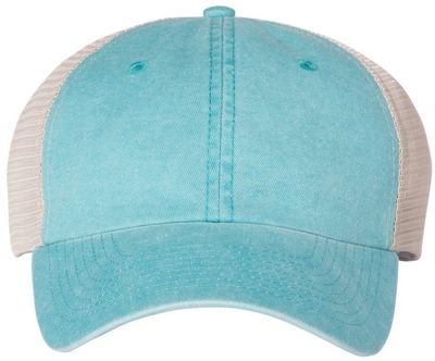 Am image of a Custom Sportsman Pigment Dyed Trucker Cap in Aqua/Stone!