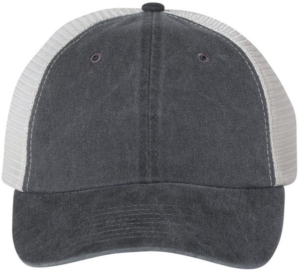 Am image of a Custom Sportsman Pigment Dyed Trucker Cap in Black/Stone!