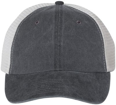 Am image of a Custom Sportsman Pigment Dyed Trucker Cap in Black/Stone!
