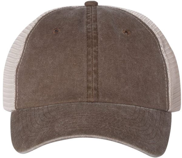 Am image of a Custom Sportsman Pigment Dyed Trucker Cap in Brown/Stone!