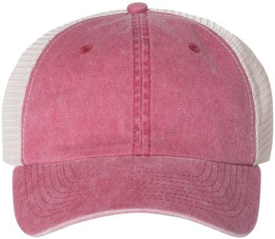 Am image of a Custom Sportsman Pigment Dyed Trucker Cap in Cardinal/Stone!