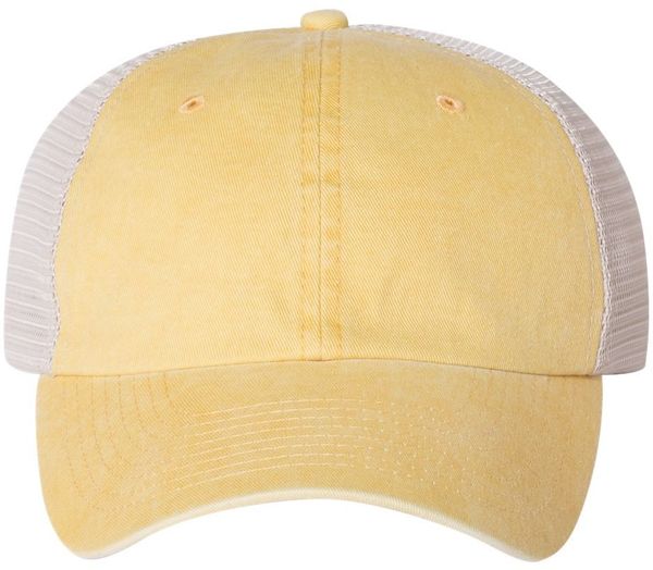Am image of a Custom Sportsman Pigment Dyed Trucker Cap in Mustard Yellow/Stone!