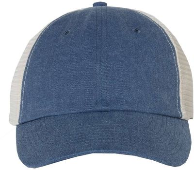 Am image of a Custom Sportsman Pigment Dyed Trucker Cap in Royal/Stone!