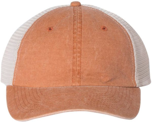 Am image of a Custom Sportsman Pigment Dyed Trucker Cap in Texas Orange/Stone!