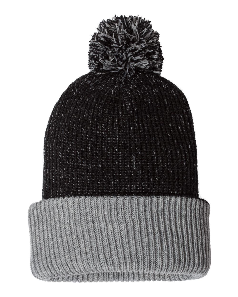 Sportsman 12" Knit Speckled Pom Pom Beanie in Black/Grey