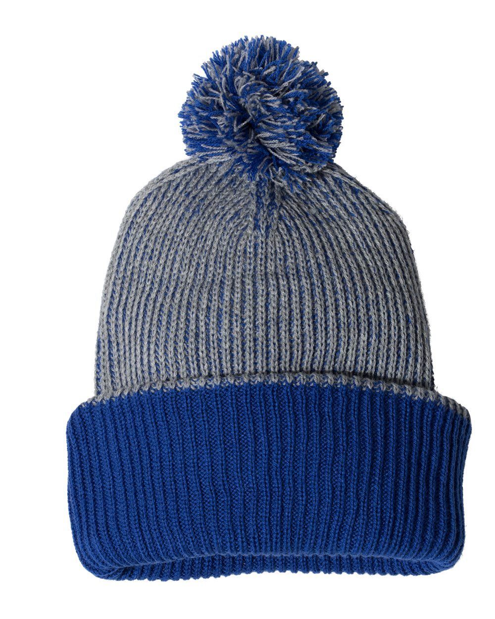 Sportsman 12" Knit Speckled Pom Pom Beanie in Grey/Royal