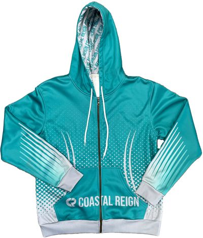Am image of a Custom Sublimated Zip Hoodie in Fleece Full Colour Print!