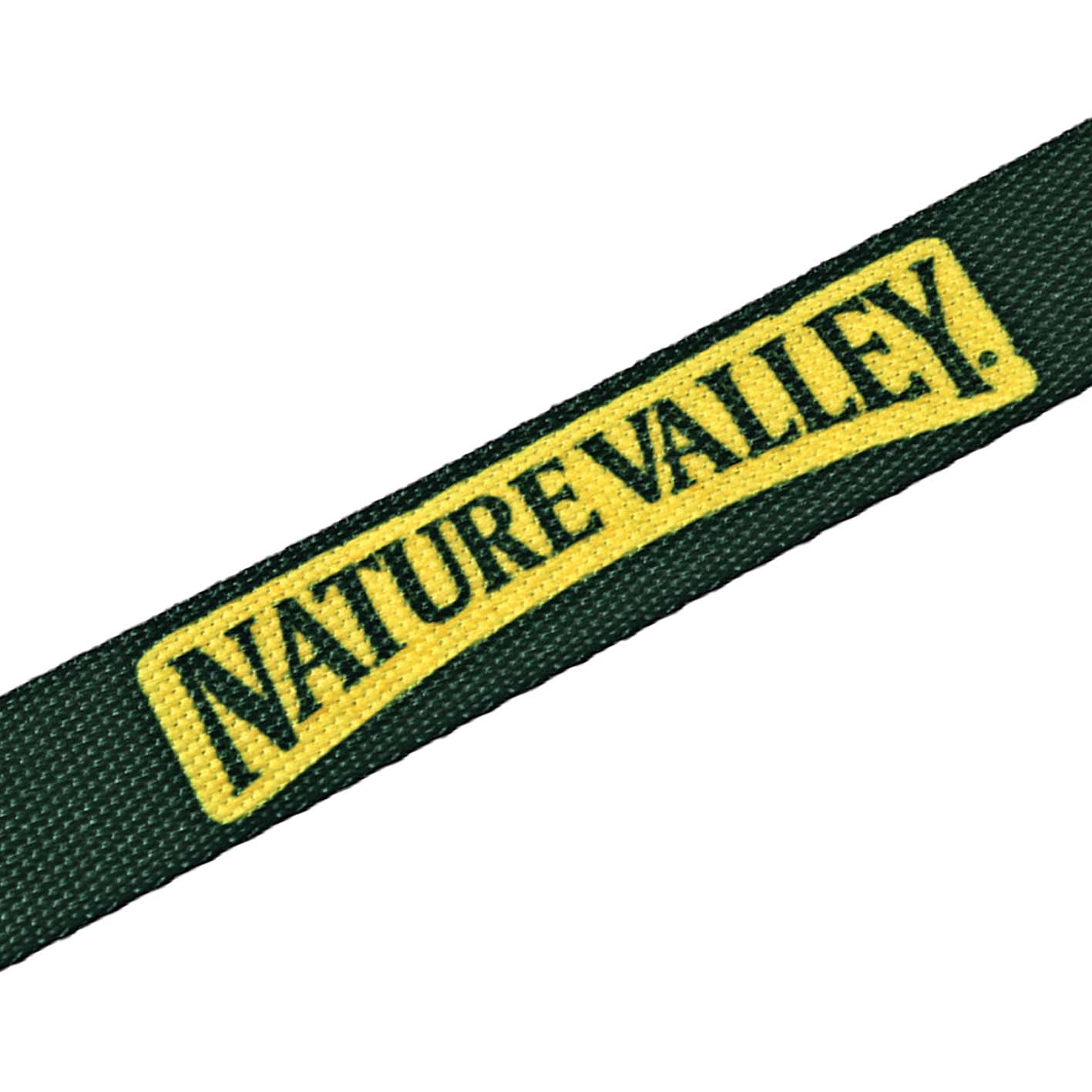 A close up image of a screen printed bulk custom lanyard.