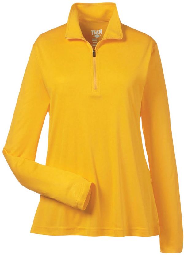Am image of a Custom Team 365 Ladies' Zone Performance Quarter Zip in Athletic Gold!