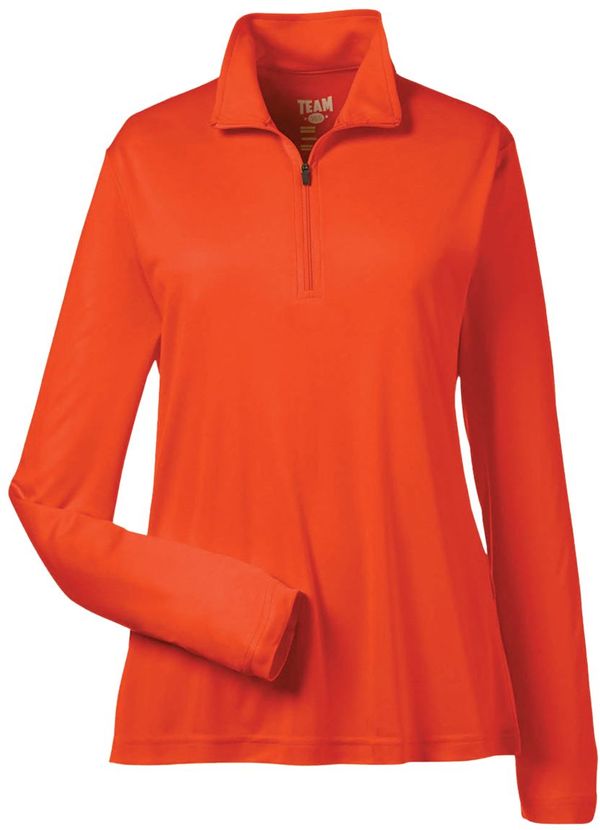 Am image of a Custom Team 365 Ladies' Zone Performance Quarter Zip in Sport Orange!