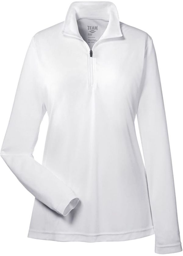 Am image of a Custom Team 365 Ladies' Zone Performance Quarter Zip in White!